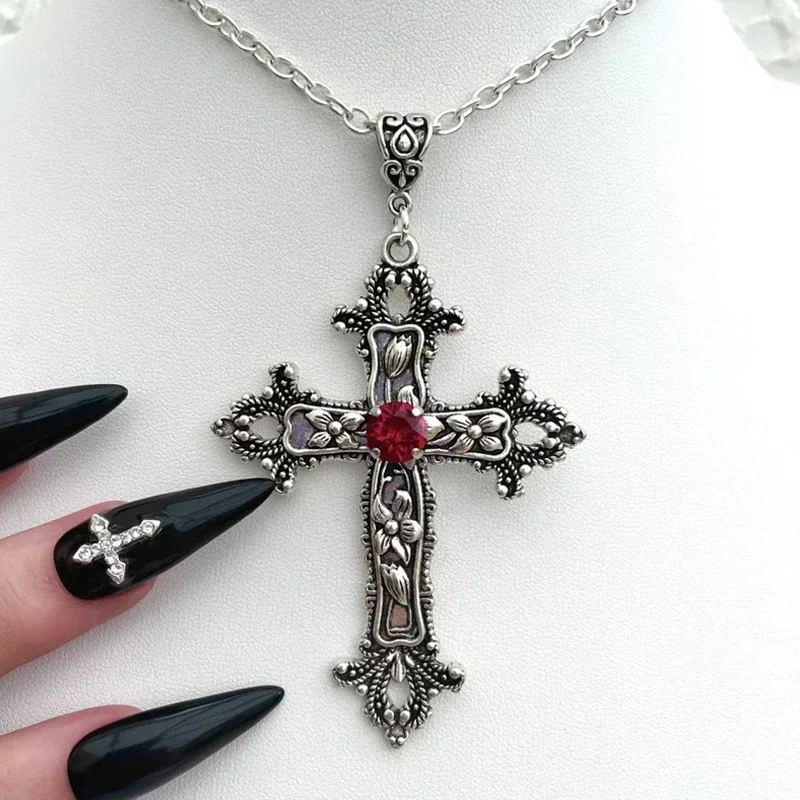 Y2K Punk Crystal Big Cross Pendant Necklaces for Women Men Gothic Irregular Cross Clavicle Chain Necklaces Aesthetic Jewelry image 2
