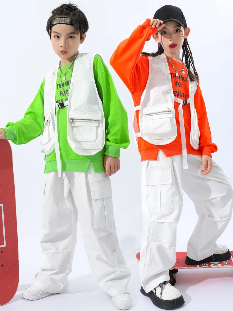 New Kids Hip Hop Dance Costume White Vest Pant Boys Long Sleeves Sweater Girls Modern Dance Performace Clothes Stage Wear BL9555