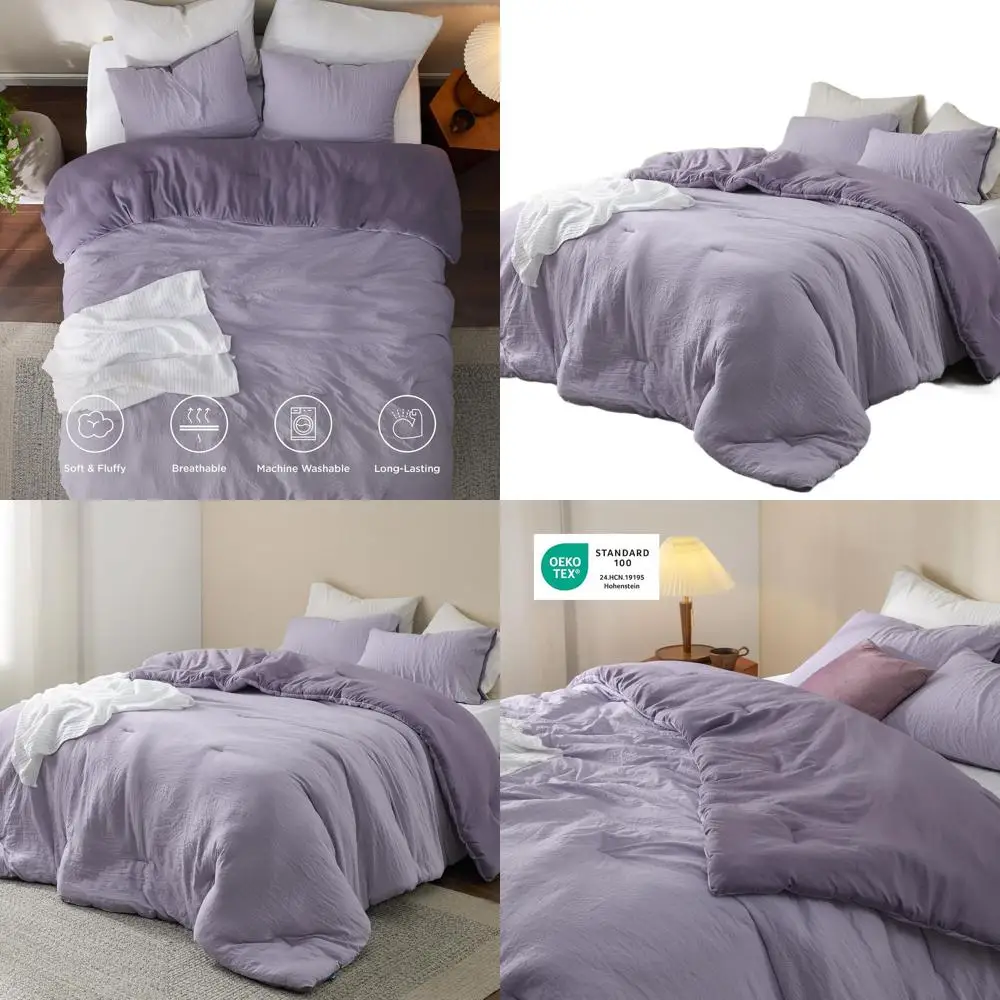 

Purple Reversible Queen Comforter Set: 3-Piece Prewashed Soft Bedding with Lightweight Down Alternative & Pillowcases