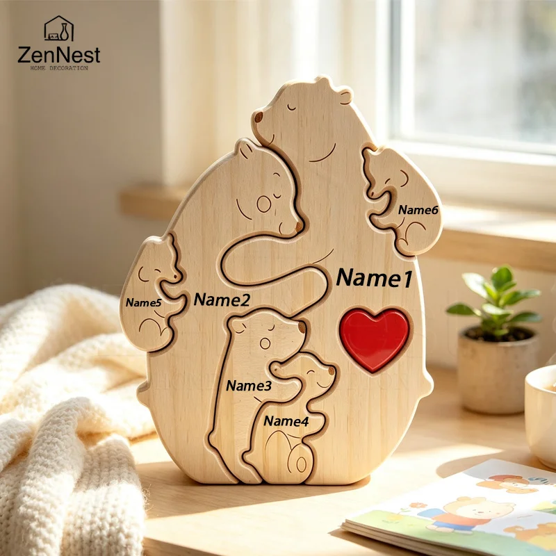 Personalized Wooden Bear Family Puzzle Custom Name Laser Engraving Family Keepsake Ornament Home Decor Gift for Parents Birthday