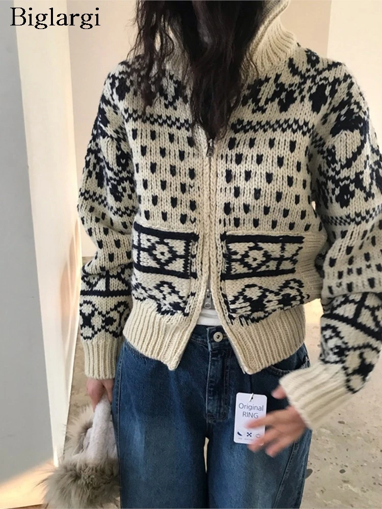 

Вязаный осенне-зимний винтажный кардиган с высоким воротником в корейском стиле, женские модные женские кардиганы с цветочным принтом, свободные женские свитера, пальто