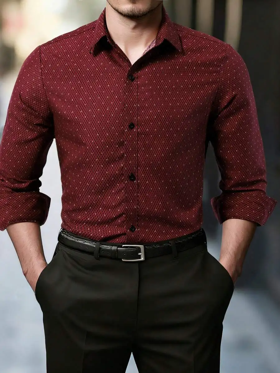 

Men's Burgundy Geometric Print Long Sleeve Shirt for Fall Casual Wear