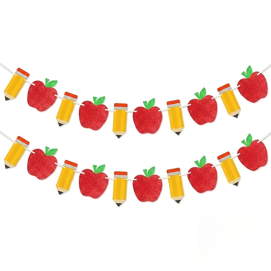 1SET Classroom Party Bunting Banner Glitter Apple Pencil Garland Back‑to‑School Theme Hanging Ornament