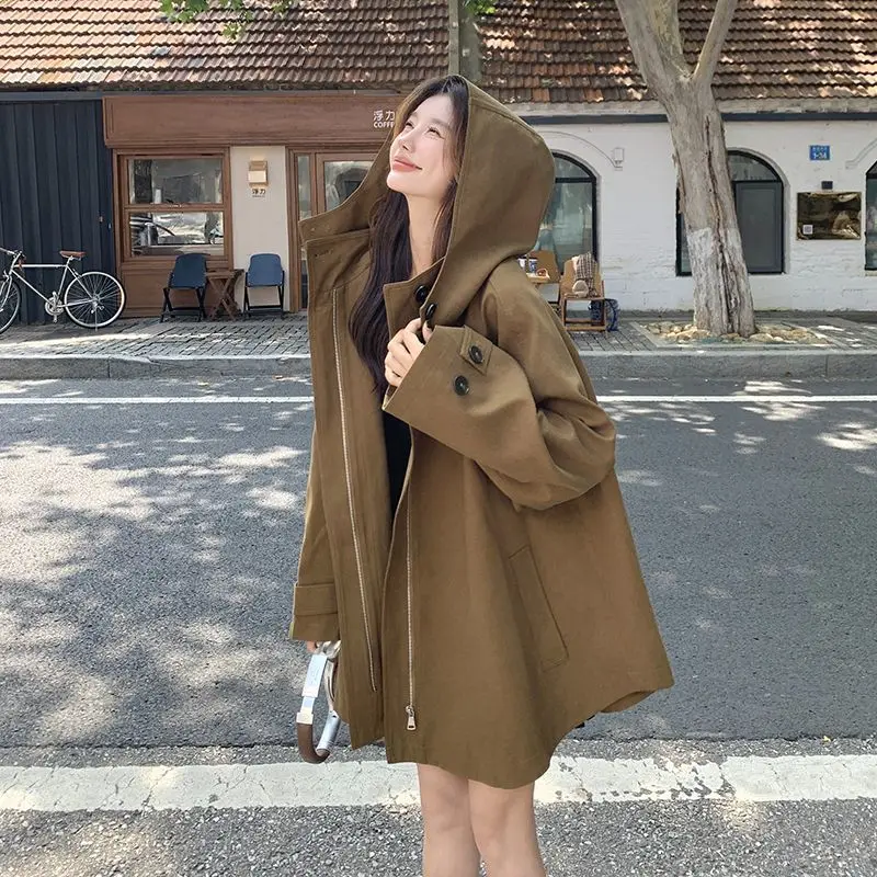 

Рабочая одежда, куртка для женщин весной и осенью, новинка 2024, свободная накидка средней длины с капюшоном, повседневная ветровка