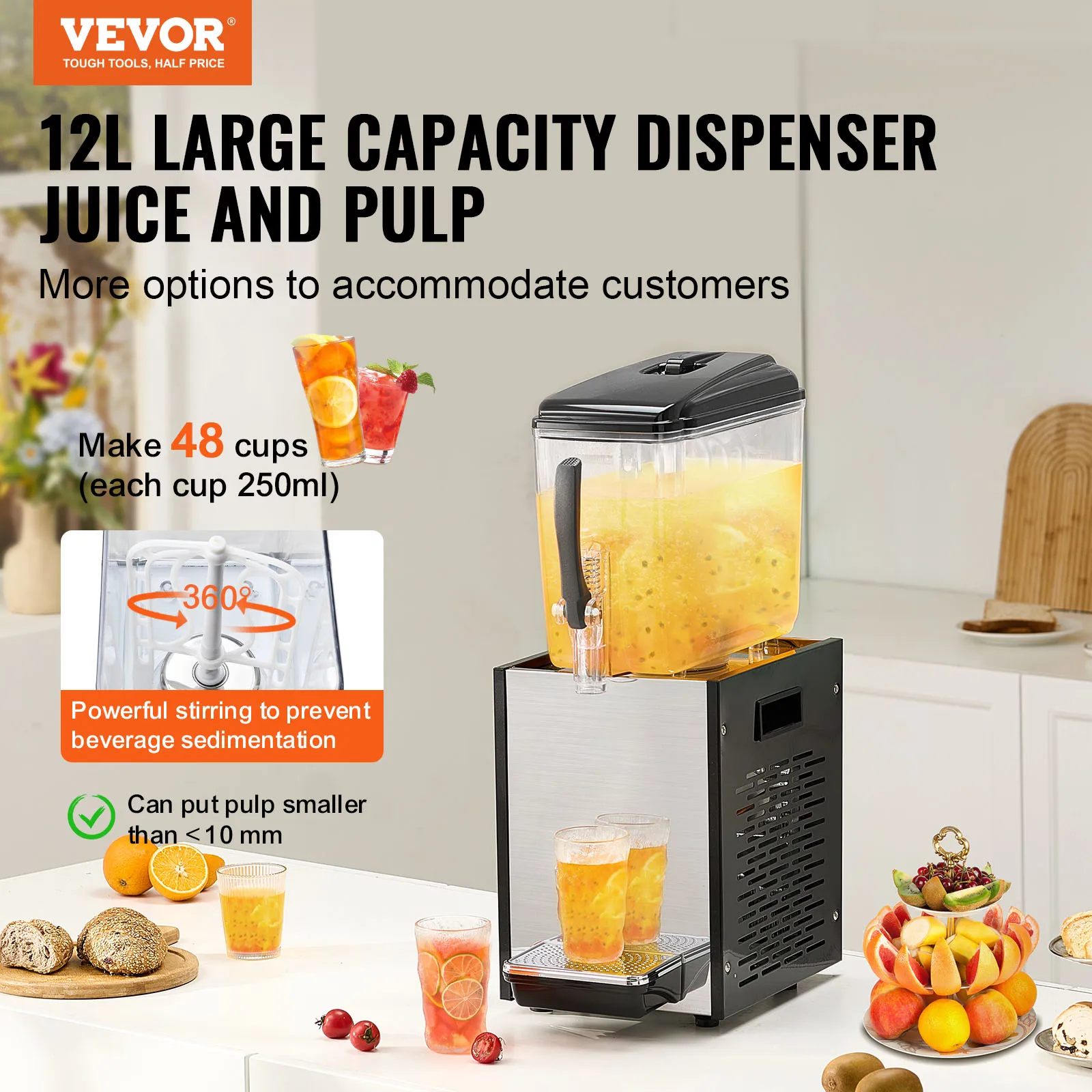 VEVOR Commercial Beverage Dispenser Juice Dispenser Stainless Steel Food Grade Ice Tea Drink Machine with Cooling Temperature