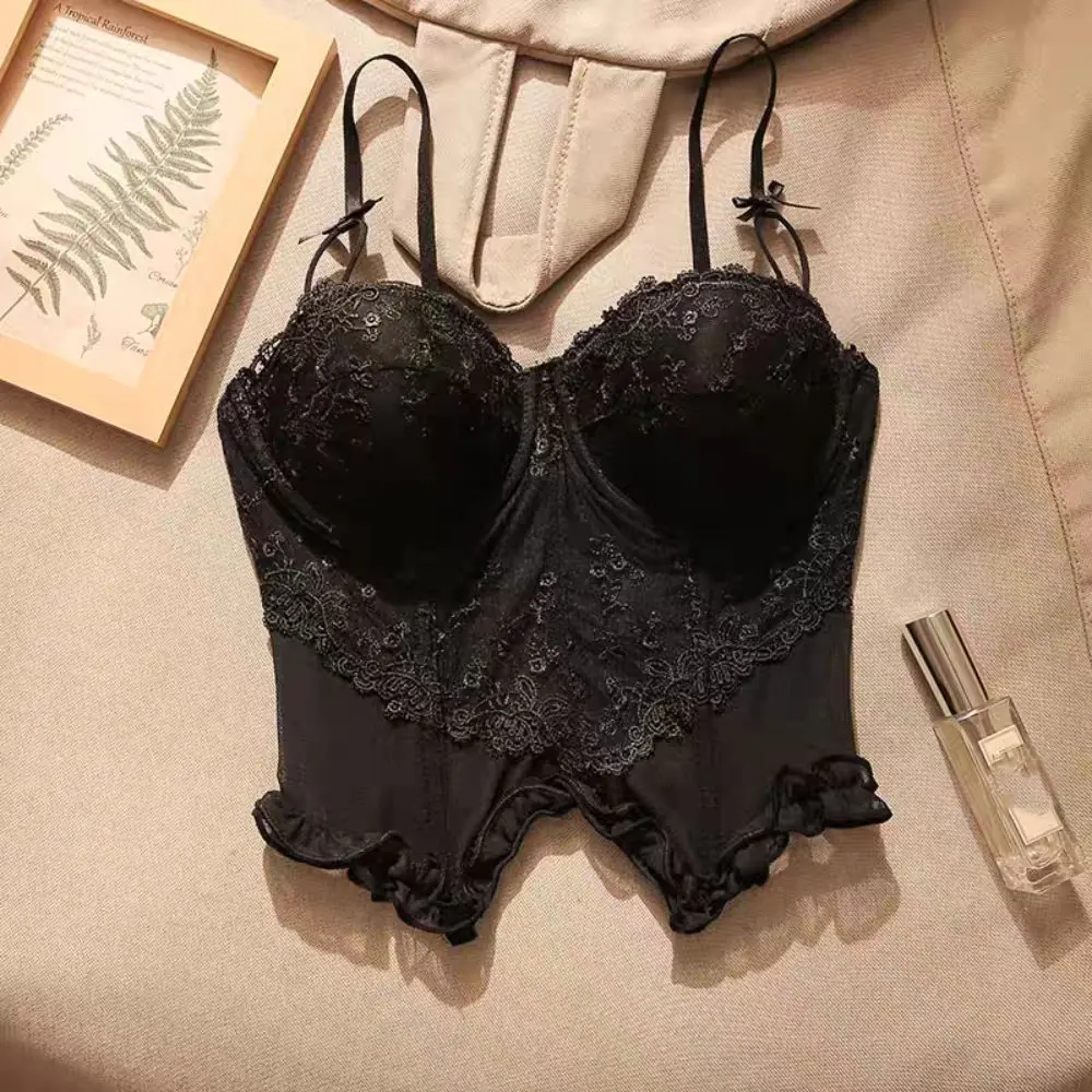 Moda maglia pizzo fiore canotta trasparente senza maniche sottile crop top volant dolce reggicalze gilet da viaggio