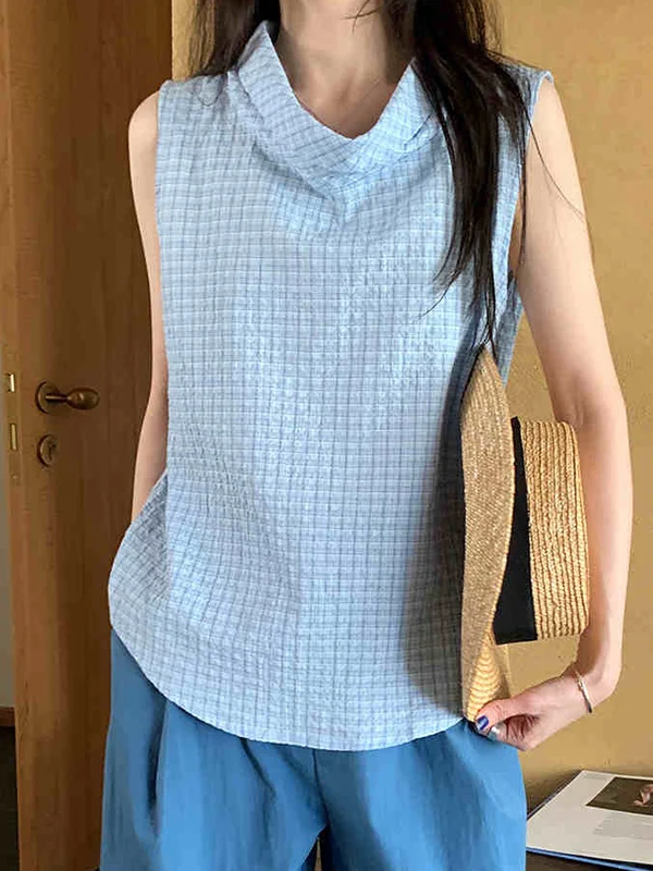 

Женский клетчатый жилет с высоким воротником и вырезом Fre Sweet, свободный крой для похудения, складной весна-лето