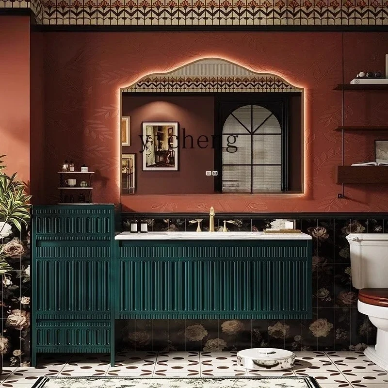 TP-26 Nanyang Style French Retro Bathroom Cabinet Set Washroom Sink Basin Cabinet Rubber Wood Side Cabinet