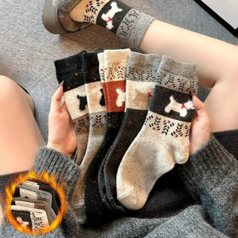 

Women Men Thicken Plush Woolen Mid-Calf Socks Winter Warm Cartoon Dog Print Sock Kawaii Retro Home Sleep Floor Hosiery Stockings