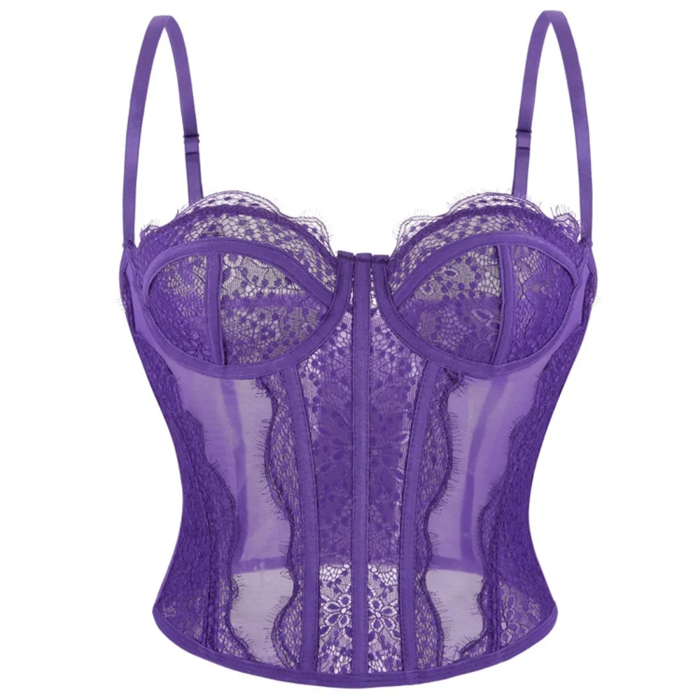 

Elastic Hollow Lace Tight Corset Transparent Sleeveless Lace Camisole Sexy Slim Fishbone Bustier Tanks Suspender Vest Streetwear