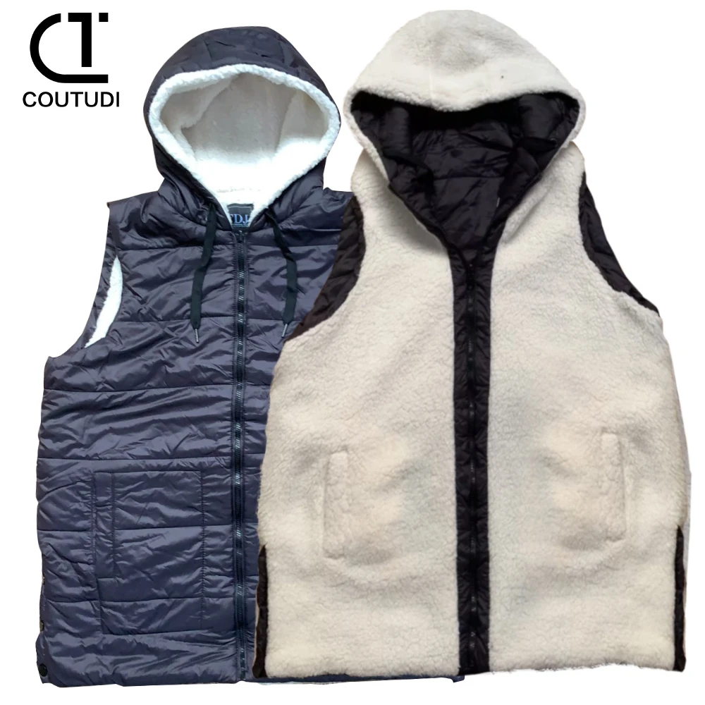 COUTUDI-Double Sided Vest for Women, Sleeveless Waistcoats, Hooded Padded Vest, Warm, Female Clothing, Winter