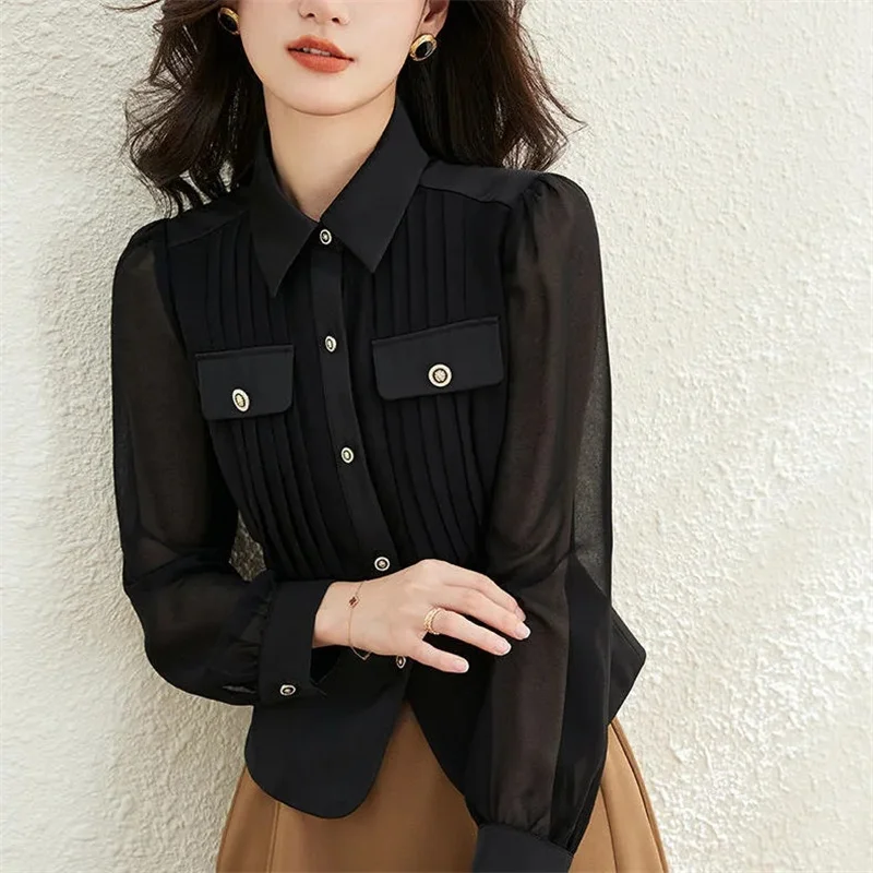 Autumn 2023 New Women Short Long-sleeved Chiffon Blouse Shirt Western-style Blouse Female  Slim Pure Colour Bottoming Shirt