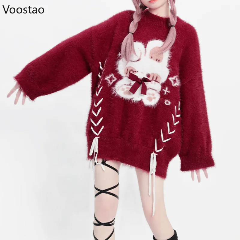 Red Kawaii Lolita Knitted Sweater Women Sweet Cartoon Bunny Christmas Pullover Autumn Winter Female Vintage Warm Jumpers Tops