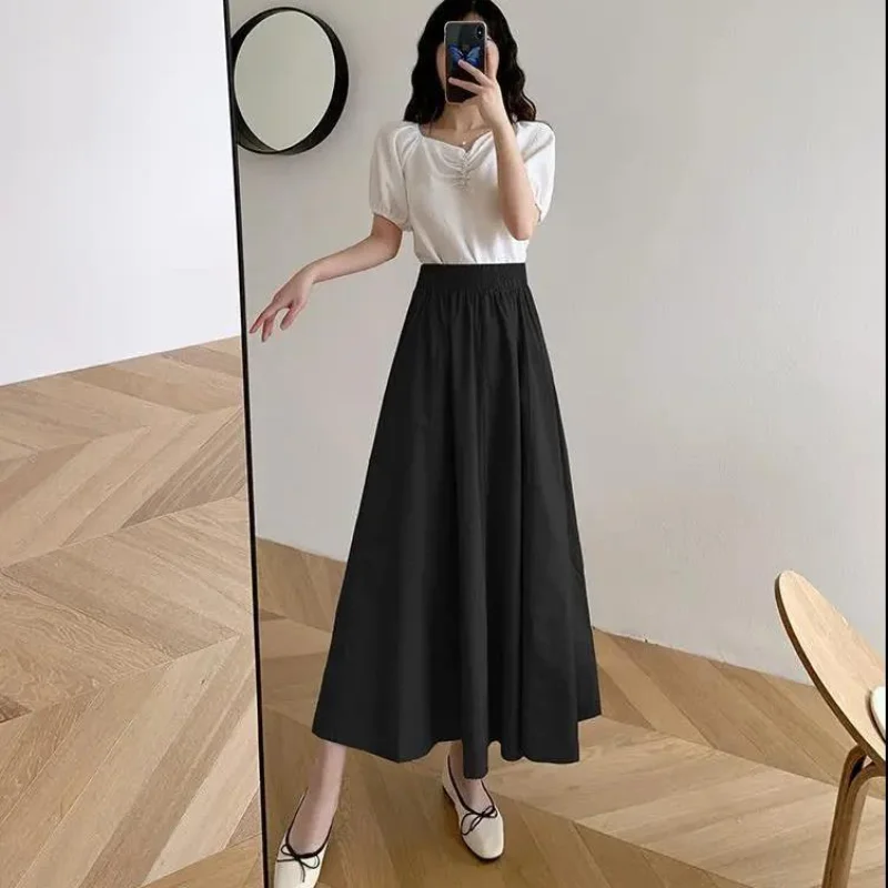 Rok Panjang Sedang Ayunan Besar Warna Solid Fashion Kelas Atas Rok Payung Wanita Cocok untuk Semua Kasual Korea Ramping Musim Panas Tinggi Wanita