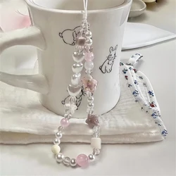 Korean Y2K Cute Flower Heart Beaded Phone Chain Charm Lanyard For iPhone 15 Samsung Huawei Universal Accessories Jewelry Pendant