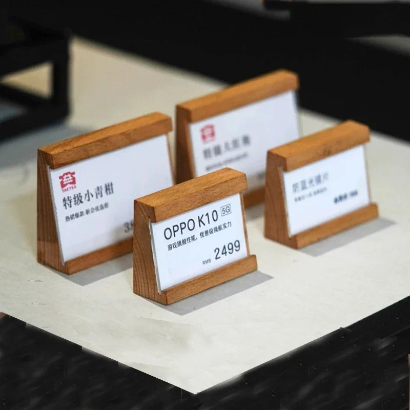HeMu Clear Acrylic Insert Wood Table Name Card Stand, Slant Design Price Label Holder for Cafe Bakery Boutique Countertop
