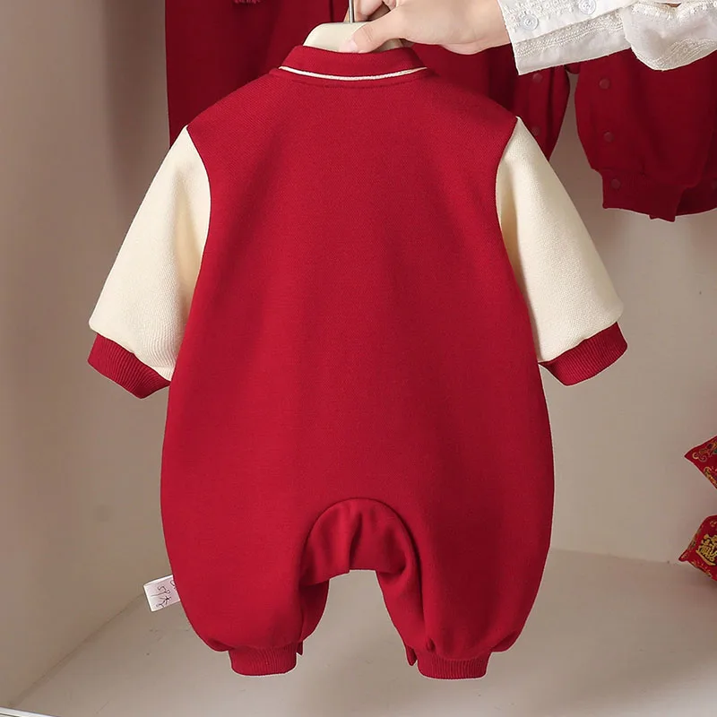 2026 Fall Baby Girl Stuff New Year Embroidery Chinese Style Red Long Sleeve Jumpsuits Baby Boutique Clothing Newborn Items B198