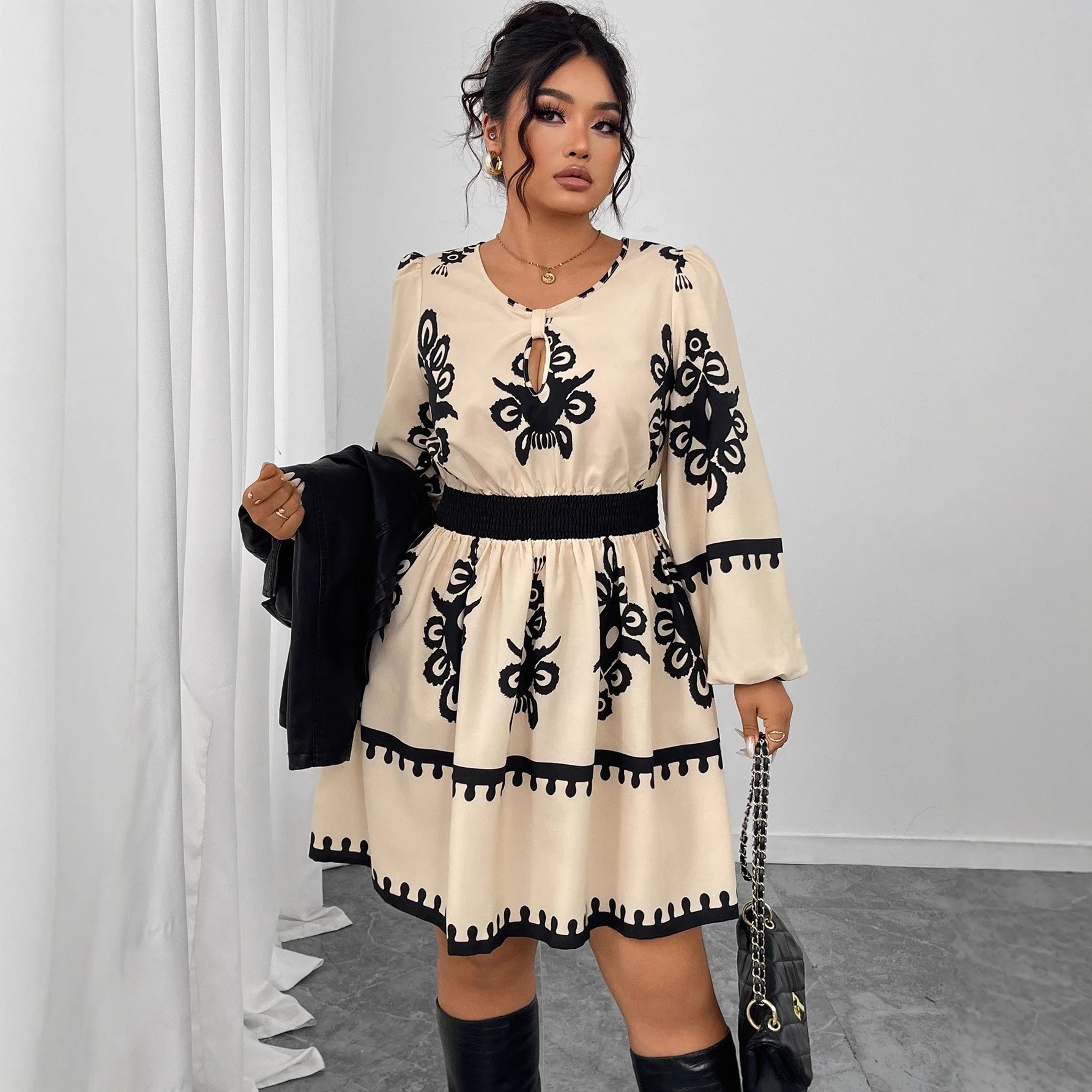 

Women's Holiday Wind Beach Print Dress Summer Fashion High Waist Slim Body Casual Round Neck Ladies Office Puff Sleeve Dresses