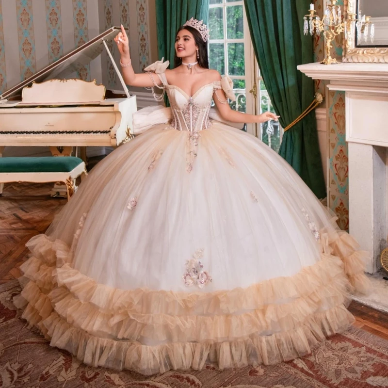 

Champagne Shiny Quinceanera Dresses Off The Shoulder Applique Flower Beading Crystal Bow Tull Party Birthday Sweet 16 Dress