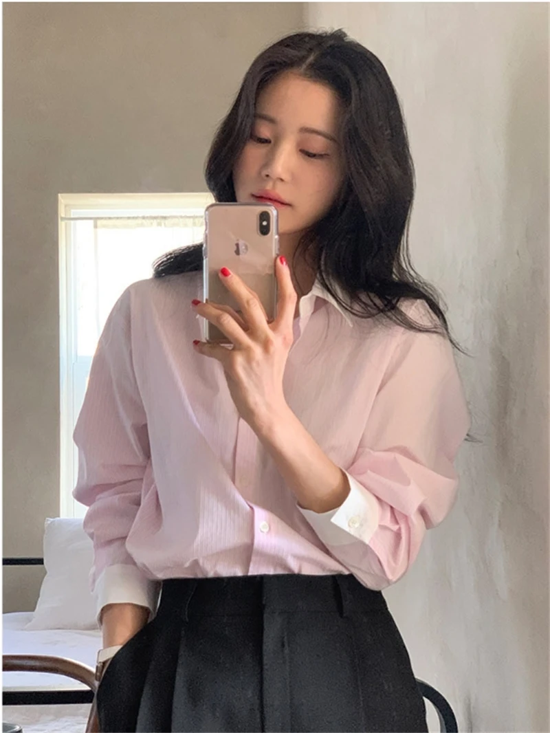 Casual Striped Pink Blue Women Shirt Chic Tops Spring Autumn Long Sleeve Loose Blouses Casual Korean Streetwear blusen damen