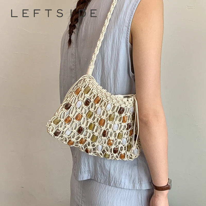 

Женская сумка-кроссбоди LEFTSIDE с плетеным ремешком, декором из разноцветных камней и завязками, в стиле бохо, для пляжа и повседневного использования, 2026