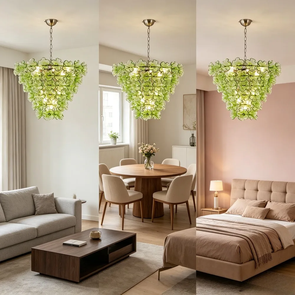 Luxury Green Flower Glass Chandelier Retro Multi Tier Round Hanging Lamp for Loft Living Room Kitchen Table Art Lighting Fixture
