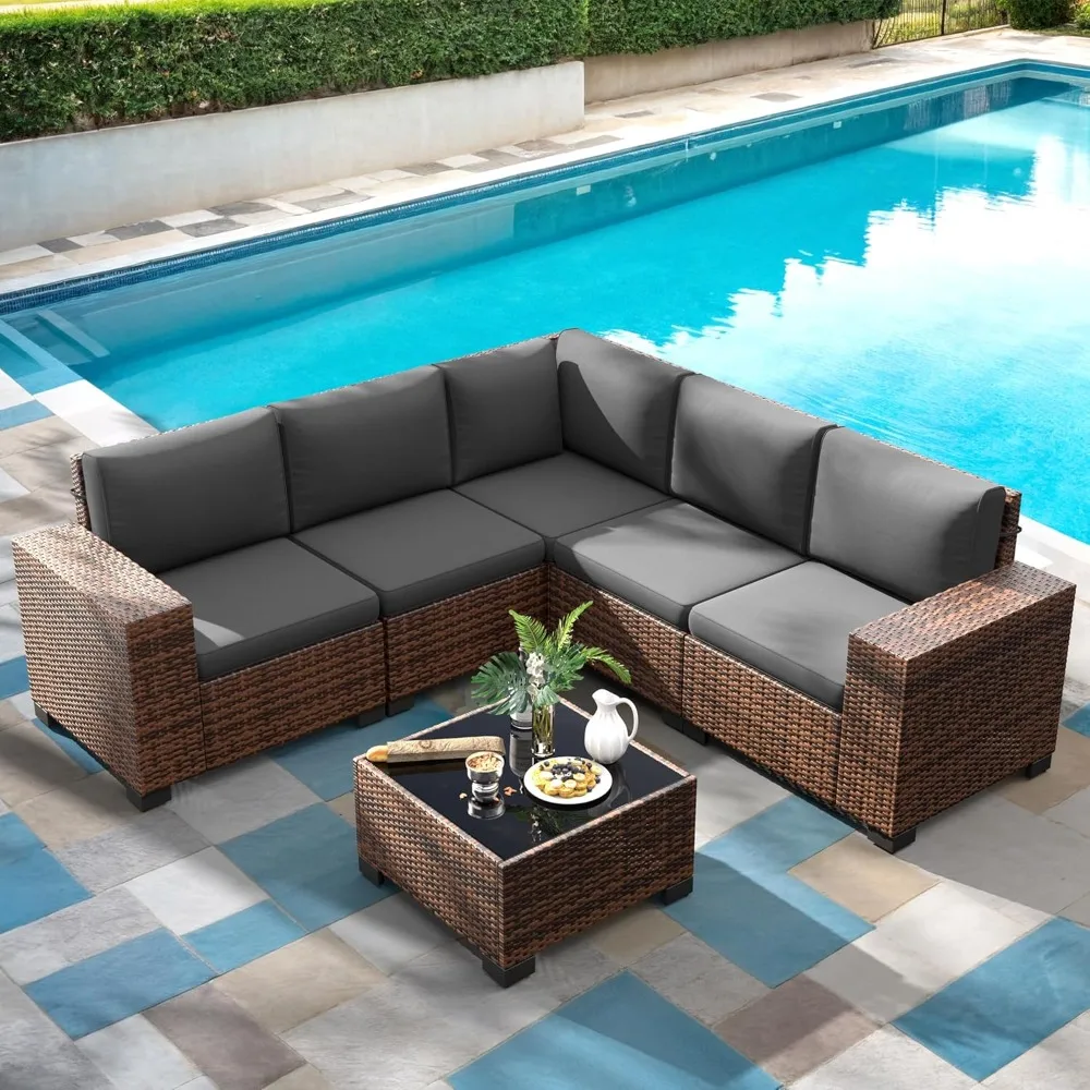 Outdoor Furniture Set, Wicker Sofa Sets with Glass Top Table and Waterproof Covers, 6-Piece Outdoor Sectional Furniture Set