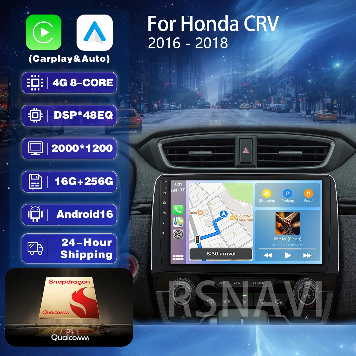 RSNAVI Android 16 Carplay Car Radio Multimedia Player For Honda CRV CR-V 5 RT RW 2016 - 2018 Autoradio Stereo 2din Head Unit BT