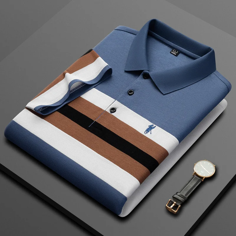 Men's Striped T-shirt 2024 Summer New Casual Versatile Classic Fashion Trendy Contrast Color Business Polo Shirt