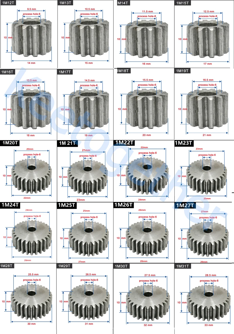 1pcs 1-Mode Spur Gear Teeth Number 12-26 Teeth Outer Diameter 14mm-28mm Thickness 10mm Carbon Steel Material Motor Gear
