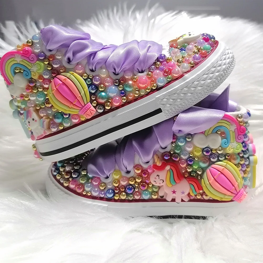 Handmade Rhinestone Bling Girls Womens Kids And Mother Candy Canvas Shoes Pearls Sneakers For Birthday Party Christmas gift