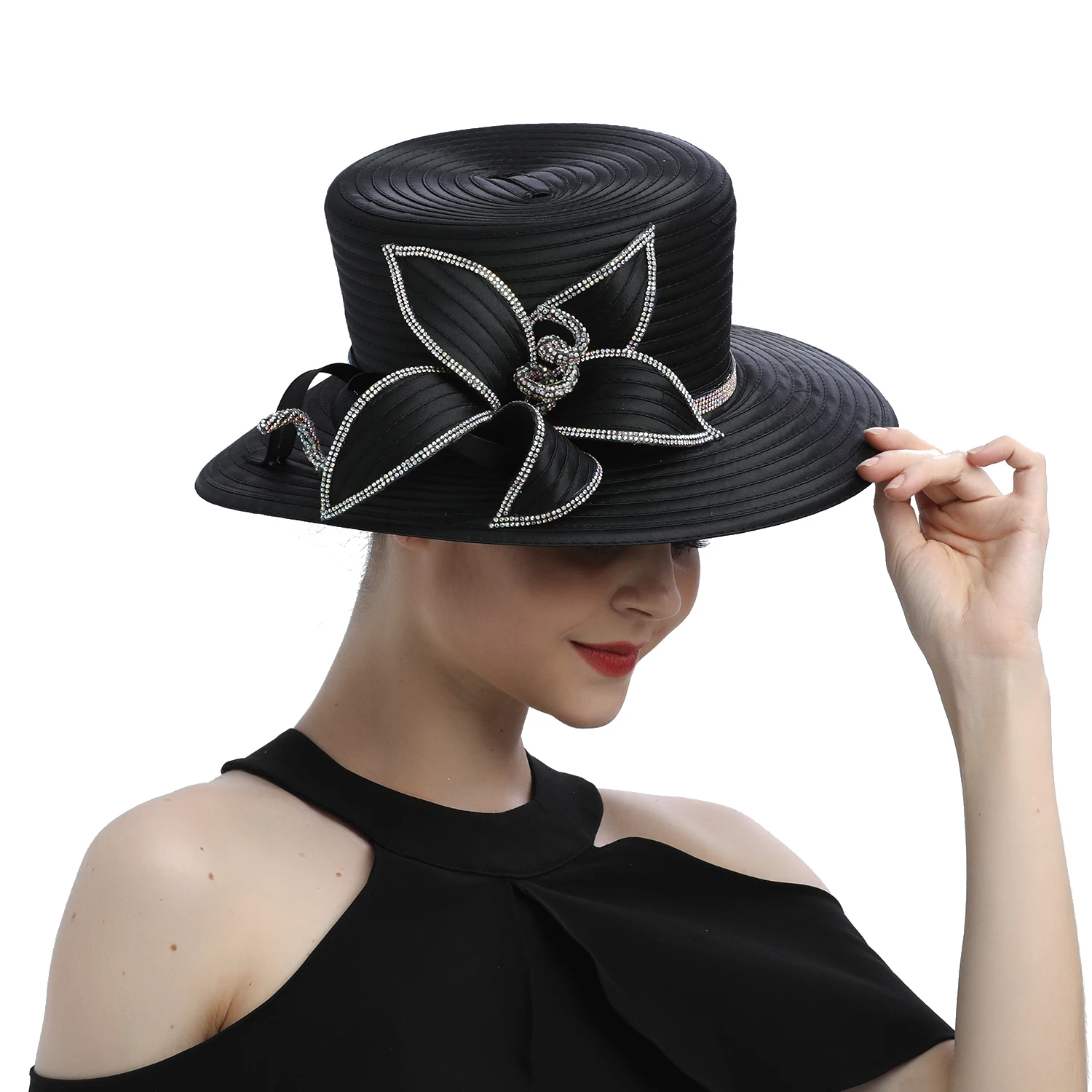 Premium Fancy Black Satin Cloth Church Hat Formal Photography Hats Chains Fashion Flower Wedding Top Hat for Women Ladies Girls