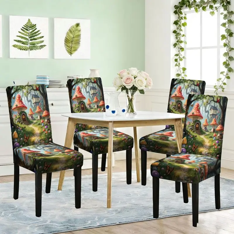 Flat print elastic dining chair cover, magic forest mushroom house fairy tale scene pattern, chair protective cover,simple style