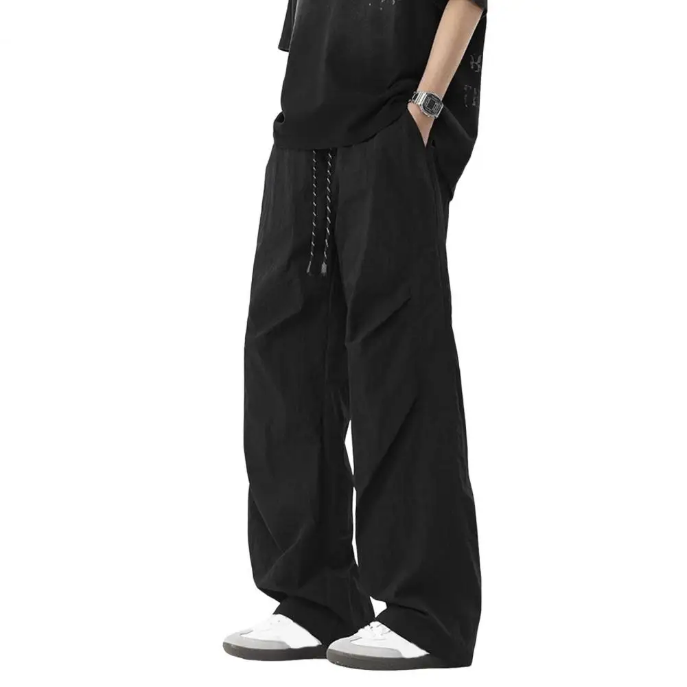 

Men's Wide Leg Cargo Pants Solid Color Drawstring Waist Reinforced Pocket Stitching for Street Office Spring Trousers