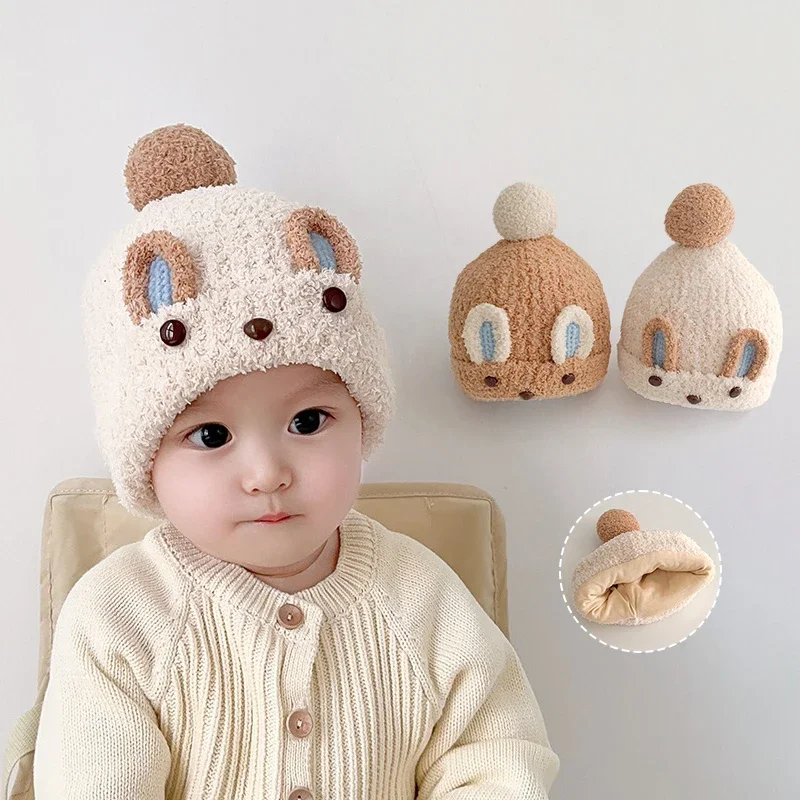 

Cute Rabbit Baby Plush Beanie Autumn Winter Warm Knitted Pullover Cap Cartoon Solid Color Kids Toddler Woolen Hats