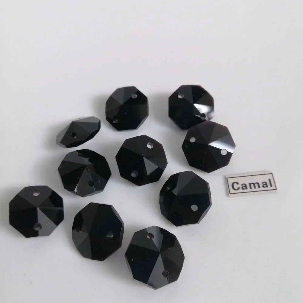 Camal 20pcs 14mm Black Glass Crystal Octagonal Loose Beads With 1 Hole/2 Holes Prism Pendant Chandelier Lighting Part Home Decor