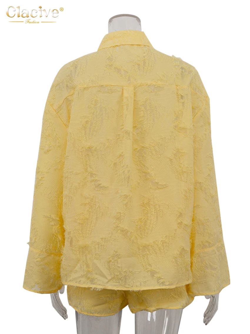 Clacive-Conjunto de 2 piezas holgado amarillo para mujer, conjunto informal de camisa de manga larga con pantalones cortos de cintura alta, ropa de calle 2024