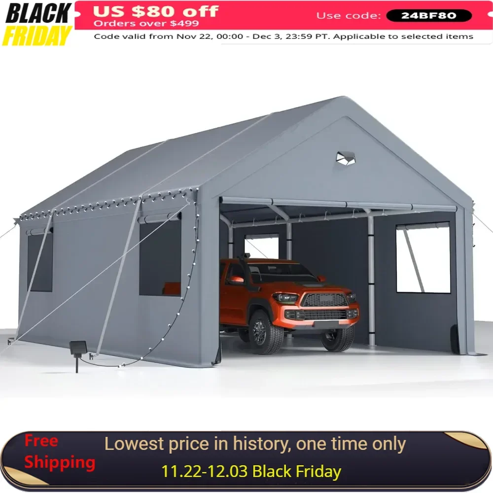 

12x20 Carport Canopy, Large Portable Car Tent Garage with Roll-up Windows and All-Season Tarp Cover, Removable Roof &Side Walls