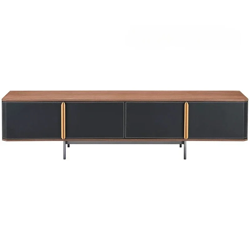 

Italian minimalist saddle leather TV cabinet black hard leather 2 meters floor cabinet low cabinet walnut living room furniture
