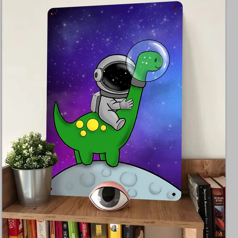 Cartoon Astronaut Riding Dinosaur Metal Wall Art Kids Room Decor Space Theme Iron Painting