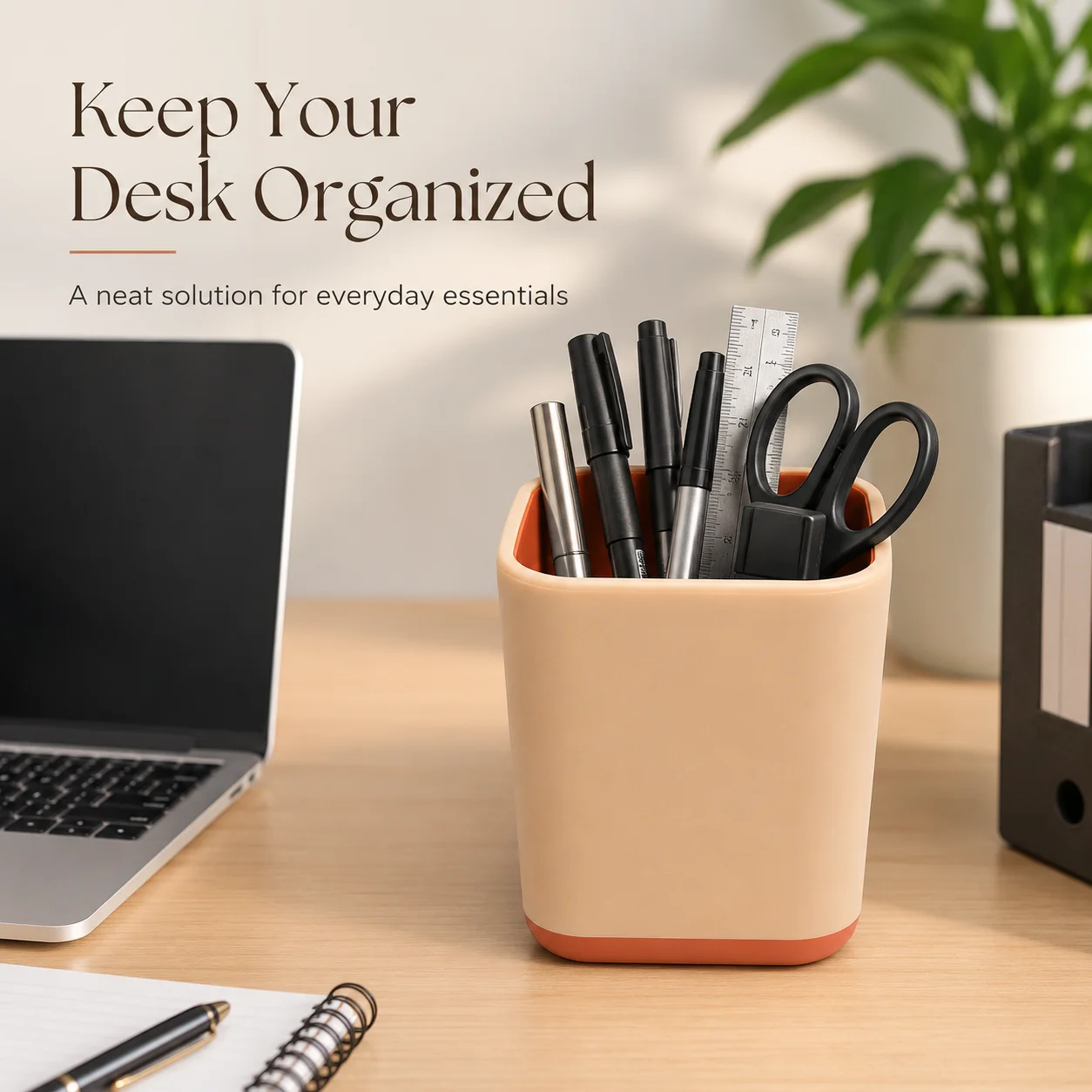 Square shaped pen holder with stable anti tipping base and rounded storage box
