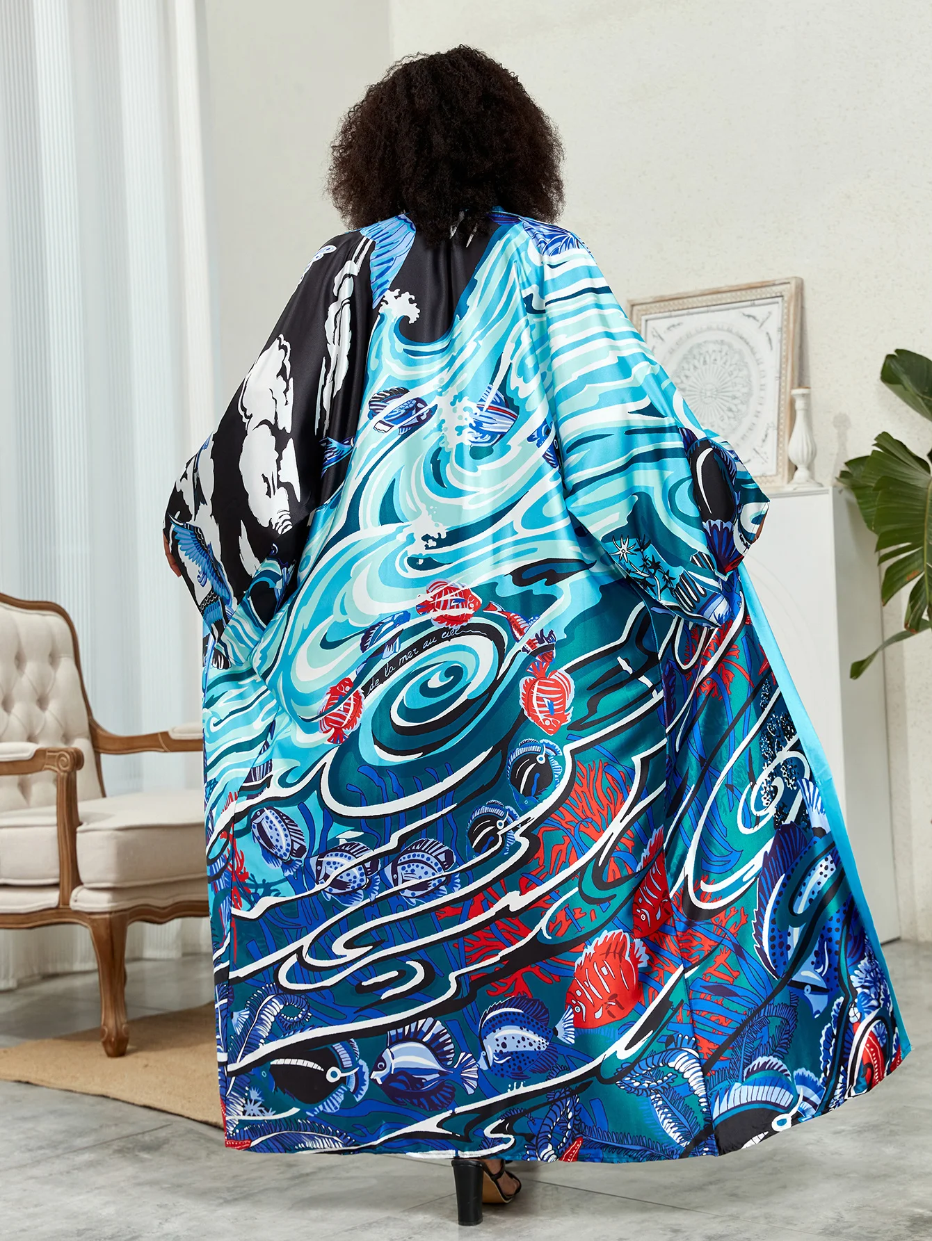 Plus Size Boho Kimono, damskie Plus nadruk lotosu kontrastowe wiązanie z długim rękawem z odkrytym przodem Kimono