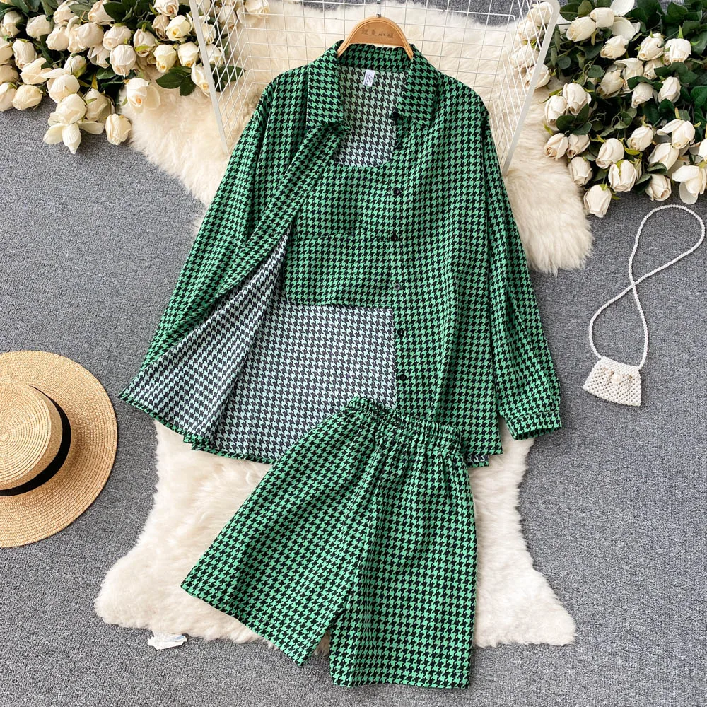 

Spring/Summer Thousand Bird Checker Set Women's Long sleeved Shirt+Suspended Top+High Waist Shorts Casual Three-piece Sets