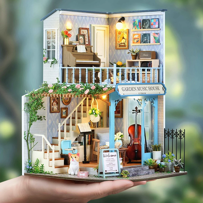 Holzfiguren Miniatur Puppenhaus Kit 3D Puzzle Gebäudemodell mit LED-Licht Puppenhäuser Spielzeug für Geburtstag Weihnachtsgeschenk