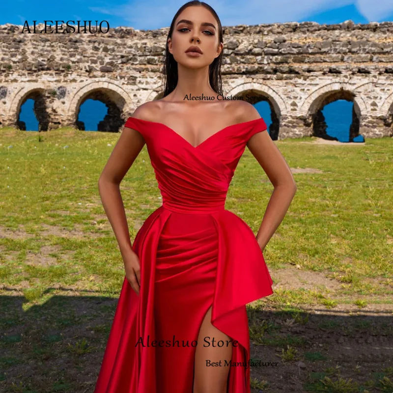 Cleeshuo-Robe de Soirée Sexy en Satin Rouge, Ligne A, Fente Latérale Haute, Plissée, Formelle