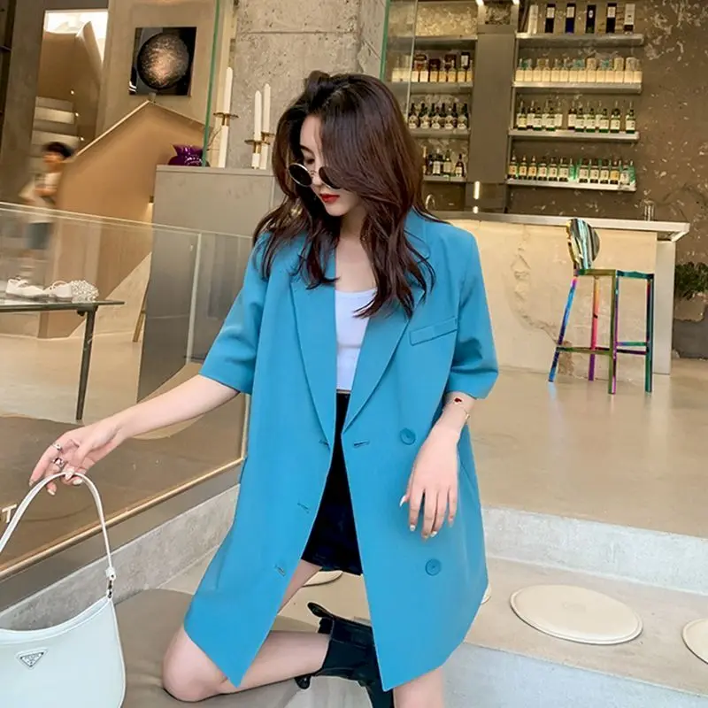 Oversized Blazer Women Mid-length Short Sleeve Suit Jacket Summer Trend Loose Thin Coats Casual  Blazers Fashion Design Jackets