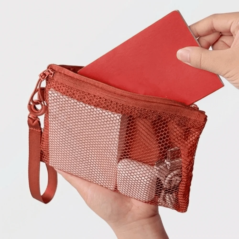 Durable Lightweight Mesh Storage Bag With Zipper Polyester Toiletry Bag Solid Color Multifunctional Coin Purse Multi-Purpose Use