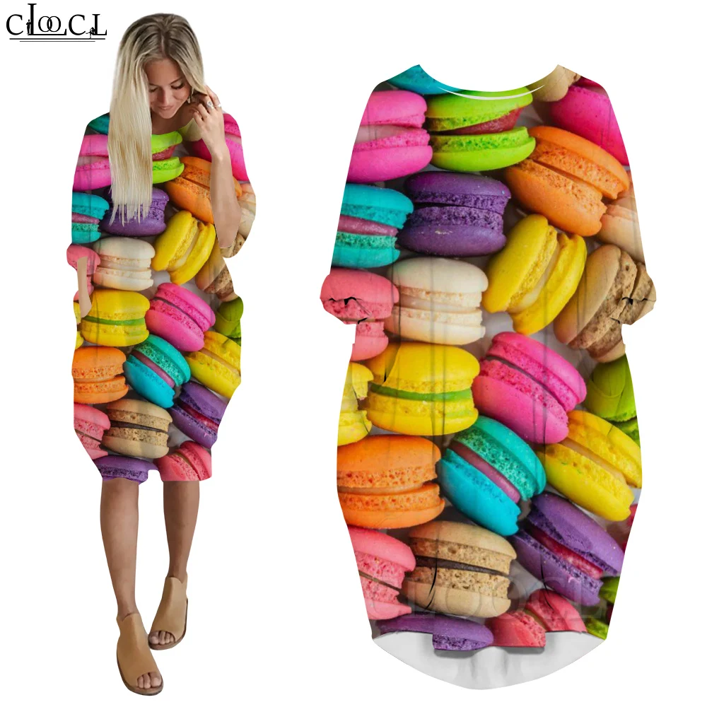 CLOOCL Dresses Women Tasty French Fries Print Oversized Dresses Long Sleeves Pockets Dresses Hip Hop Streetwear for Female