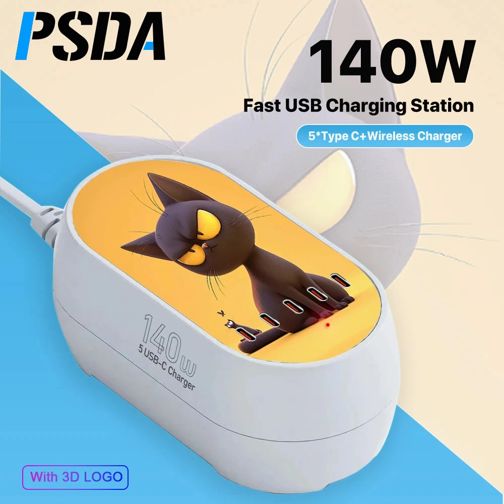 PSDA 3D 6 in 1 140W GaN PD100W 30W Charging Adapters Support 15W Wireless for Laptops Phone Earphones