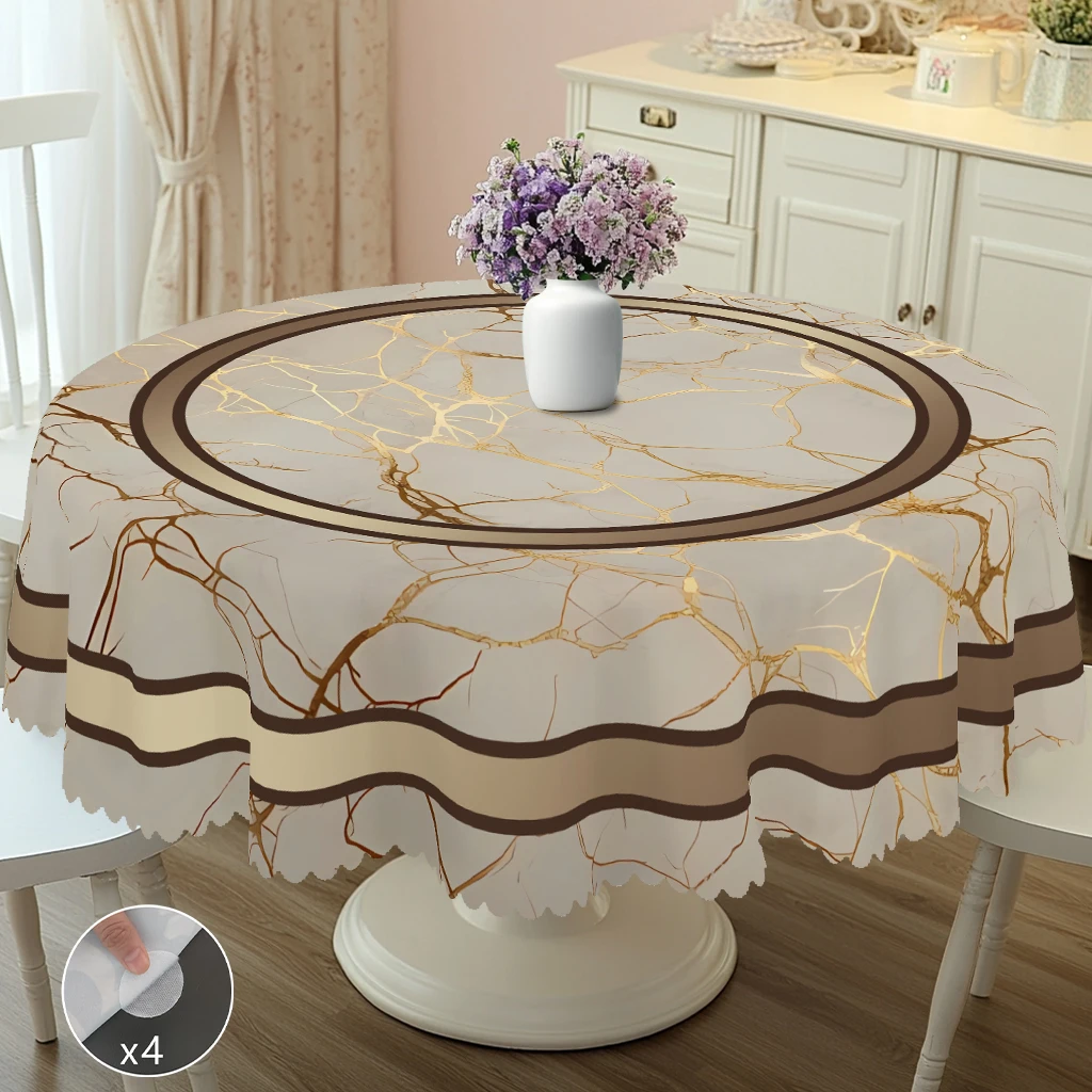 1 Peça de Toalha de Mesa Redonda com Estampa de Mármore de Luxo Leve, Disponível em Vários Tamanhos, com Padrão de Mármore Dourado, Anel Externo com Acabamento em Cor Contrastante, Borda em Relevo, Adequada para Decoração de Mesa de Terraço e Jardim, para